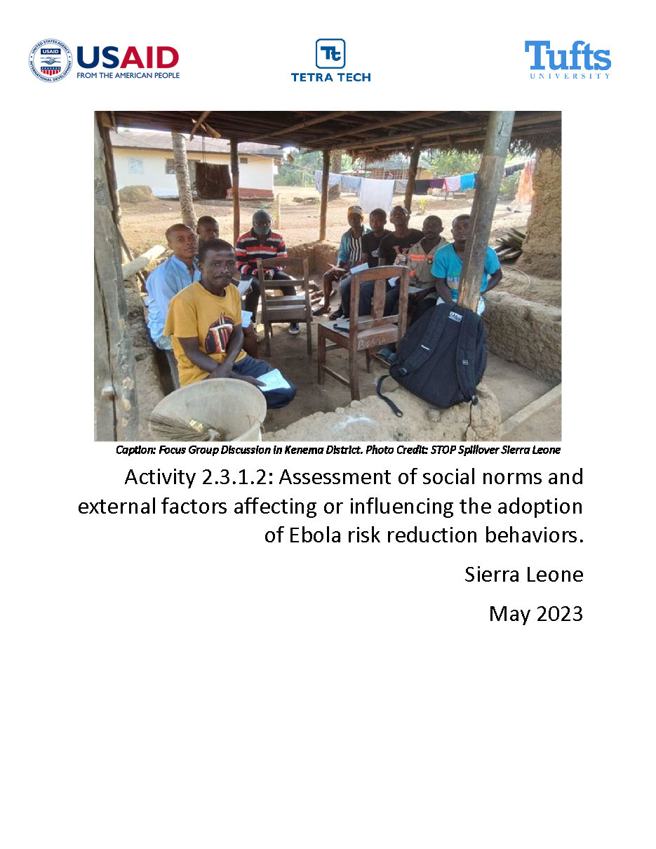 Thumbnail of report, with a group of men sitting in a sheltered outdoor space on simple wooden furniture set on a dirt floor. Most of them are looking at the camera, holding notebooks, and dressed casually.