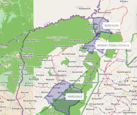 Map of Uganda with the regions, Burondo, Ntandi Town Council, and Harugale highlighted.