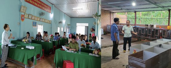 Two photos: the first is a group of farmers in a classroom setting, the second is a trainer explaining something to a farmer, in a one on one learning session.