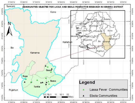 Regional map of Kenema, Koya, Tunkia, Gaura, and Nomo Sierra Leone.